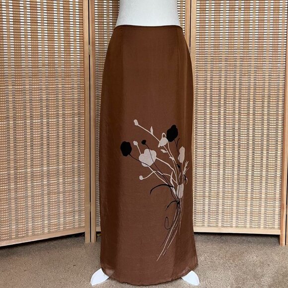 Finity 100% silk brown maxi skirt with floral detail and side slit - Picture 1 of 5